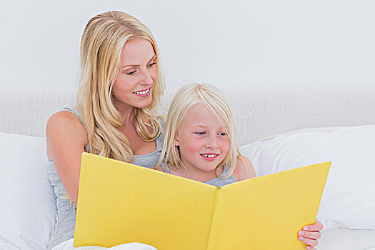 母亲,读,故事,女儿,床上