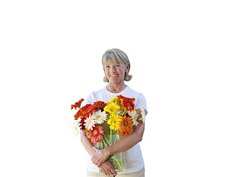 老年,女人,拿着,花瓶,花,抠像