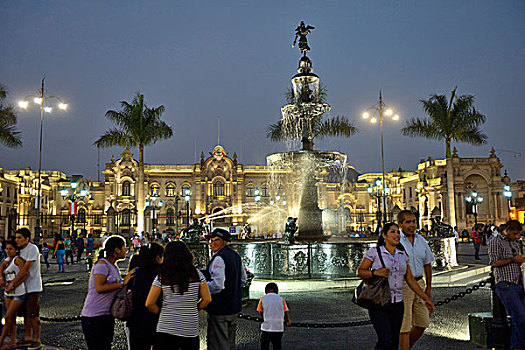政府,宫殿,马约尔广场,广场,阿玛斯,晚上,世界遗产,利马,秘鲁,南美