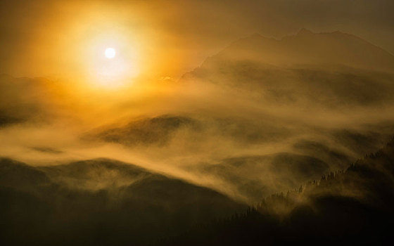 雾,山景,日落,贝希特斯加登地区,巴伐利亚,德国,欧洲