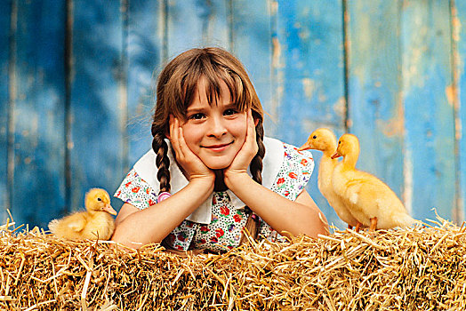 老,女孩,卧,三个,小鸭子,稻草,奥地利,欧洲
