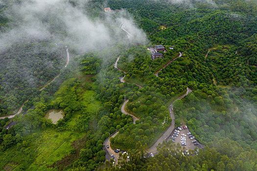 中国广西临桂,桂林之花,林业示范区雨后云雾缭绕景色秀丽