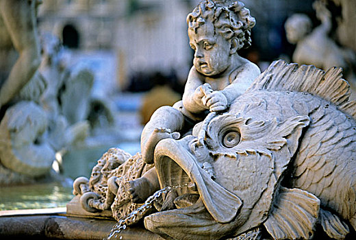鱼,小天使,海王星喷泉,纳佛那广场,罗马,拉齐奥,意大利,欧洲