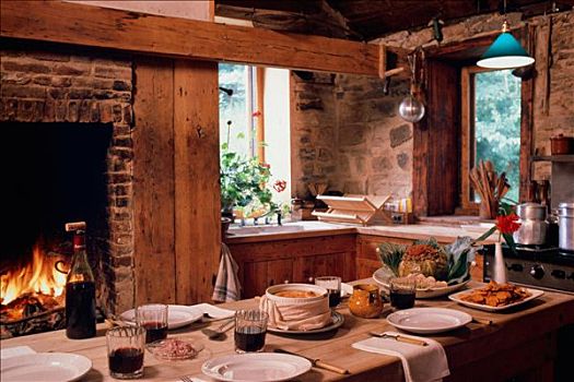 乡村,桌面布置,厨房,靠近,壁炉
