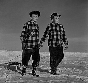 双胞胎,男孩,雪橇