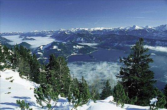 冬天,雪,山,湖,瓦尔幸湖,山峦,阿尔卑斯山,巴伐利亚,德国,欧洲