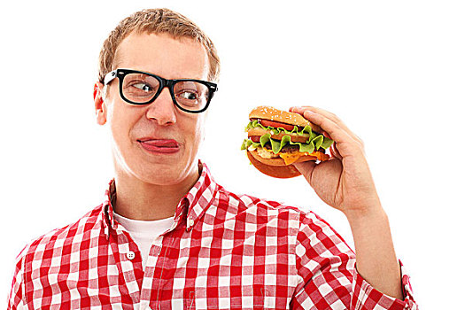 有趣,男人,眼镜,吃饭,汉堡包