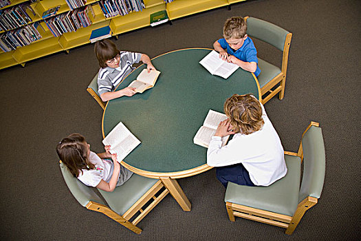 孩子,读,图书馆,桌子