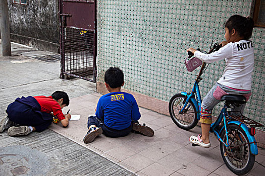 孩子,玩,小路,家,锡,新界,香港