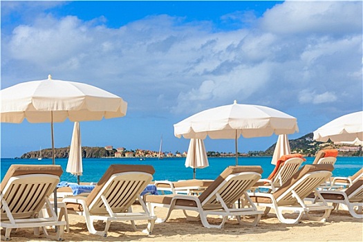 沙滩椅,伞,海滩,热带天堂