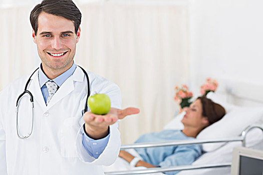 微笑,医生,拿着,苹果,病人,医院