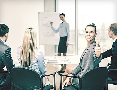 商务,办公室,成功,概念,微笑,职业女性,团队,展示,竖大拇指