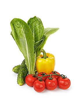 有机,蔬菜,沙拉,胡椒,西红柿,长叶莴苣,白色背景