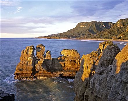 薄烤饼,石头,海岸,日落,国家公园,南岛,新西兰,大洋洲