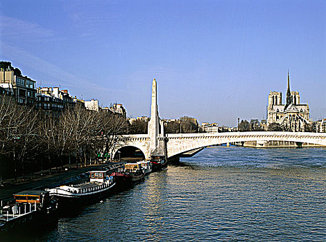 法国,巴黎,驳船,赛纳河,河,冬天,桥,圣母大教堂,背影