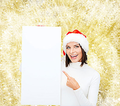 寒假,圣诞节,广告,人,概念,微笑,少妇,圣诞老人,帽子,白色,留白,广告牌,上方,黄光,背景