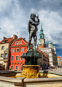 喷泉,阿波罗,市政厅,市场,广场,老城,波兹南,波兰,欧洲