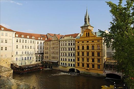房子,河,旁侧,查理大桥,世界遗产,布拉格,捷克共和国,欧洲