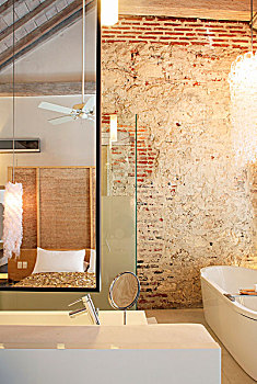 设计师,浴室,摆饰,乡村,砖墙,床,反射,镜子