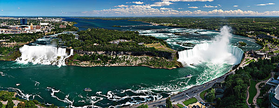 全景,航拍,尼亚加拉瀑布,加拿大,美洲瀑布,左边,马掌,右边,安大略省,纽约,美国