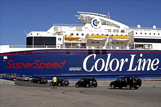 装载,汽车,新,船,渡轮,2008年,港口,挪威,斯堪的纳维亚,欧洲