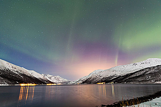 北极光,高处,峡湾,冬天,风景,特罗姆瑟,特罗姆斯,挪威,挪威北部,北方,斯堪的纳维亚
