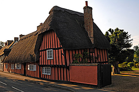 老,茅草屋顶,半木结构,房子,高,街道,灰色,剑桥郡,英格兰,英国,欧洲