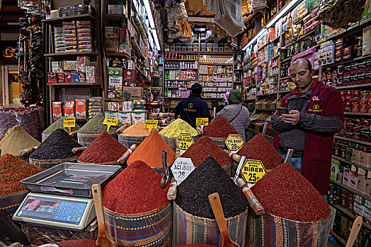 大,罐,彩色,调味品,出售,大巴扎集市,伊斯坦布尔,土耳其