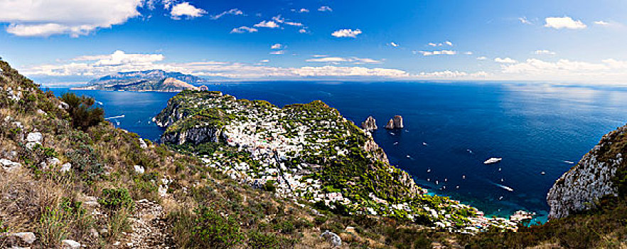 俯视图,卡普里岛,悬崖,索伦托,半岛,背景,伊特鲁里亚海,那不勒斯湾,坎帕尼亚区,意大利