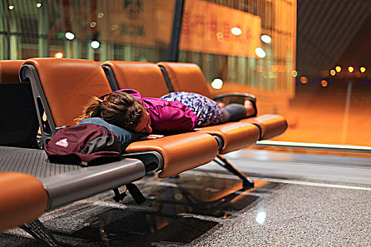 女孩,睡觉,椅子,机场,北京,中国