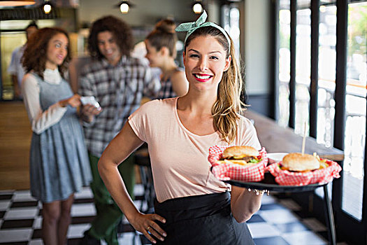 微笑,年轻,女店员,汉堡包,餐馆,头像,顾客,背景