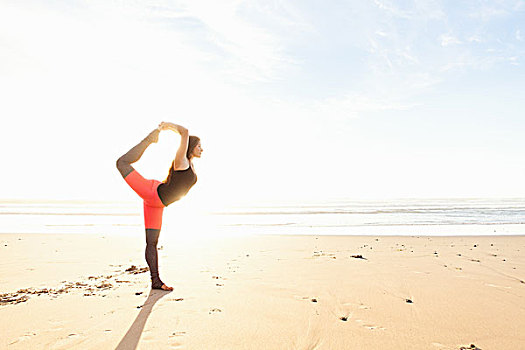 女人,瑜伽姿势,海滩