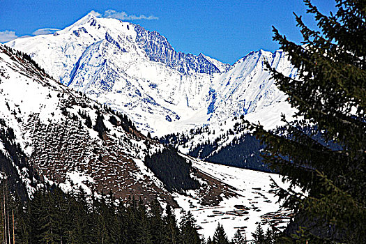 法国,上萨瓦省,上面,滑雪胜地,勃朗峰,山,背景