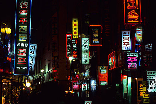 韩国,首尔,购物,区域,夜晚,彩色,霓虹灯