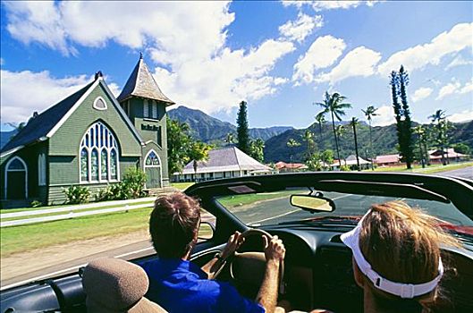 夏威夷,考艾岛,城镇,伴侣,开车,过去,教堂