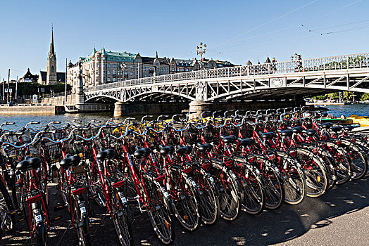 自行车,停放,靠近,尤尔格丹,桥,地区,斯德哥尔摩,瑞典,欧洲