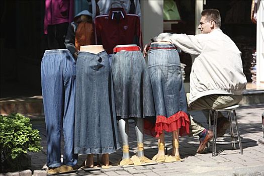 街头小贩,牛仔裤,裙子,市场,藍色清真寺,伊斯坦布尔,土耳其