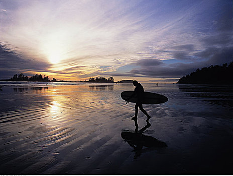 冲浪,黄昏,靠近,温哥华岛,不列颠哥伦比亚省,加拿大