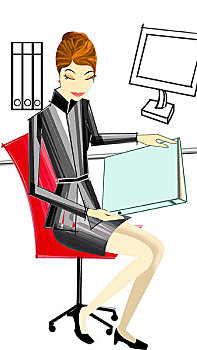 时尚插画,办公室,女职员,文件夹,坐在椅子上