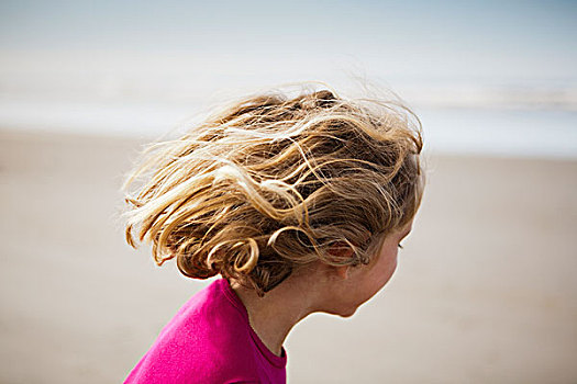 孩子,海滩,风吹,头发
