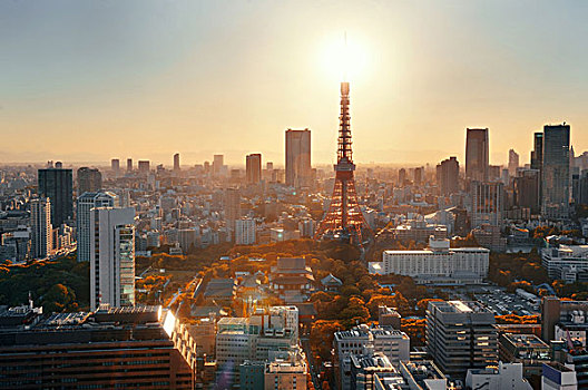 东京塔,城市,天际线,屋顶,风景,日落,日本