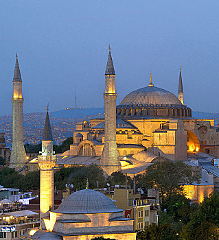 土耳其,伊斯坦布尔,地区,藍色清真寺,圣索菲亚教堂,大教堂,夜晚