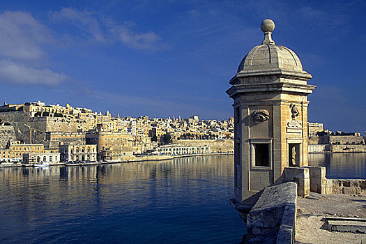 瓦莱塔市,马耳他,俯视,港口,要塞,角塔,前景