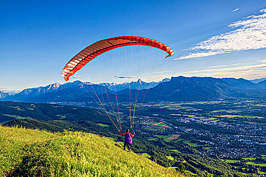 滑翔伞,开始,高处,城市,萨尔茨堡,奥地利