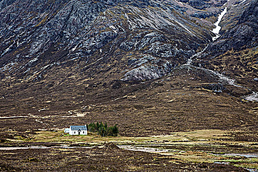 房子,遥远,山谷,仰视,崎岖,山,苏格兰
