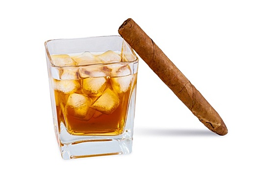 玻璃杯,威士忌,冰,雪茄
