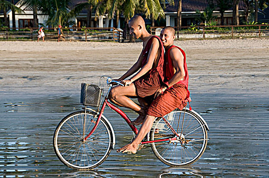 缅甸,僧侣,骑,相同,自行车,海滩