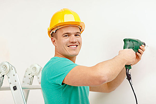 修理,建筑,家,概念,微笑,男人,黄色,防护,头盔,电钻,制作,洞,墙壁