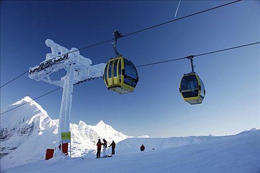 吊舱,缆车,山,滑雪者,斜坡,蓝色,晴空,滑雪胜地,萨尔茨堡,奥地利,欧洲