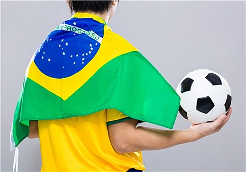 后视图,穿戴,巴西,旗帜,拿着,足球